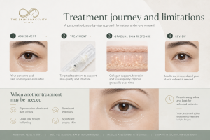Four-stage ECM under-eye treatment journey showing assessment, treatment, gradual skin response and medical review.
