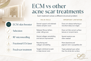 Comparison of ECM skin booster, subcision, RF microneedling, fractional CO2 laser and focal acne scar treatment.