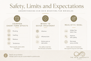 ECM skin booster safety guide showing common short-term effects, reasons to defer injections and realistic wrinkle-treatment goals.