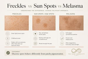 Clinical comparison of freckles, solar lentigines and melasma showing appearance, sun behaviour and recurrence patterns.