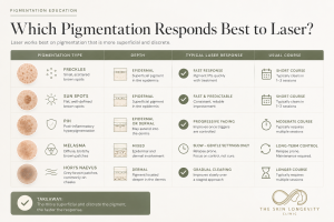Table comparing epidermal and dermal pigmentation by depth, expected laser response and typical treatment course.