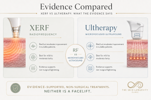 Evidence summary comparing XERF radiofrequency and Ultherapy microfocused ultrasound for mild to moderate skin laxity.