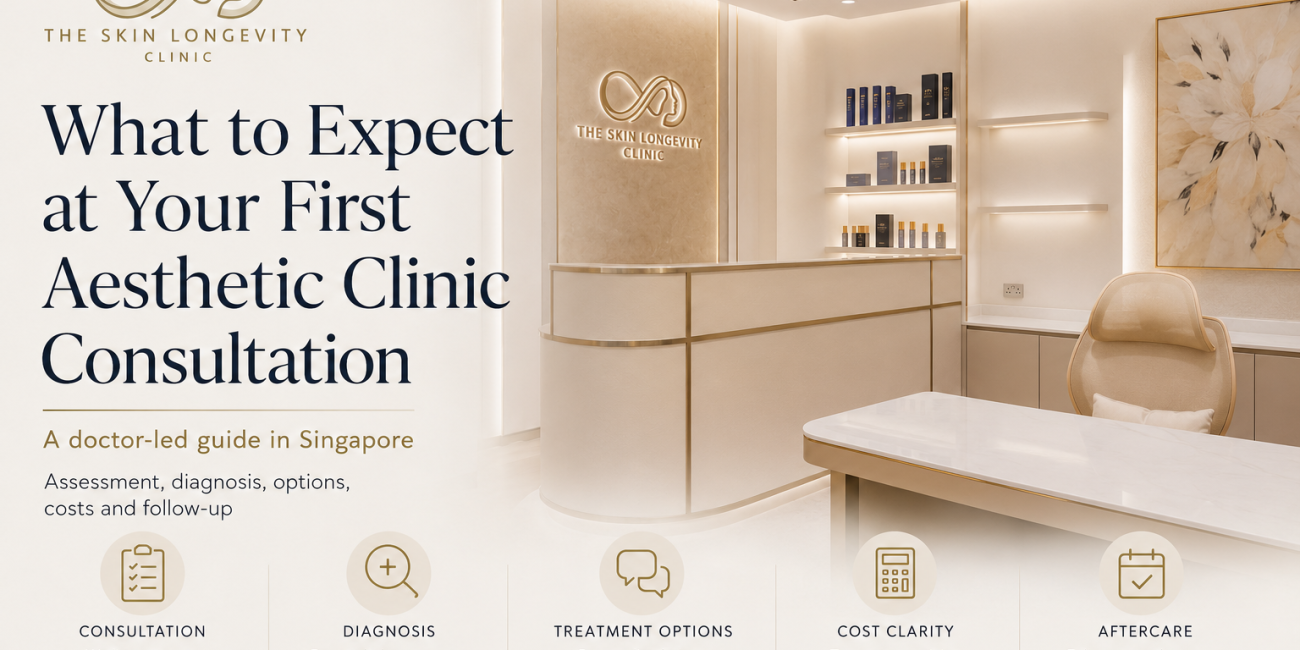 Doctor-led first aesthetic clinic consultation guide featuring The Skin Longevity Clinic consultation room in Singapore.
