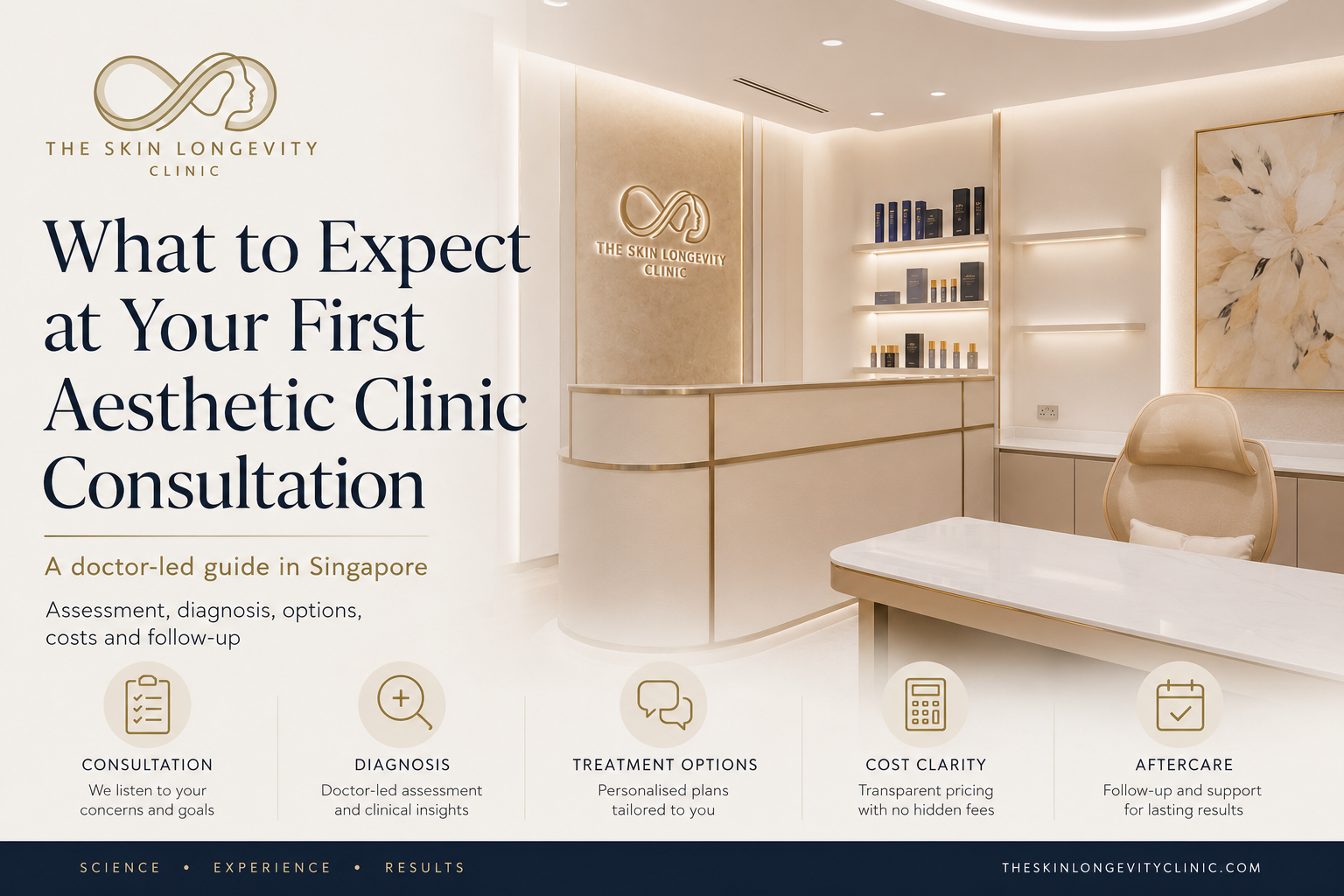 Doctor-led first aesthetic clinic consultation guide featuring The Skin Longevity Clinic consultation room in Singapore.