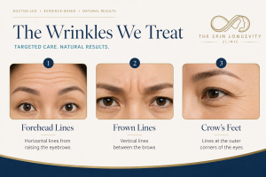 Graphic comparing forehead lines, frown lines and crow’s feet with close-up examples of each wrinkle area.