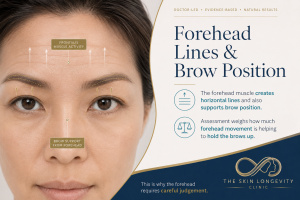 Infographic showing forehead lines and brow position with arrows indicating forehead muscle activity and eyebrow support.