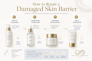 Four-step barrier recovery routine with a gentle cleanser, humectant serum, ceramide moisturiser and broad-spectrum sunscreen.
