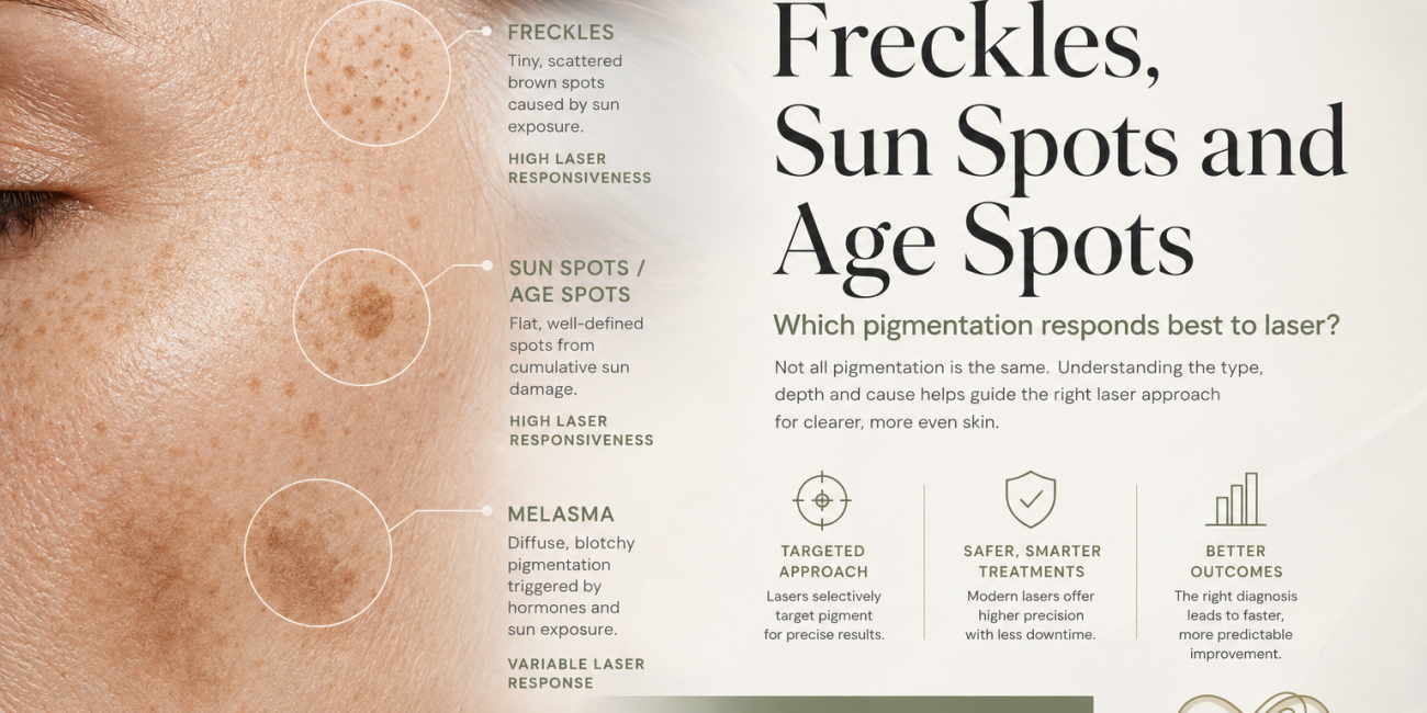 Freckles, sun spots and age spots compared with melasma by pigment pattern and typical laser responsiveness in Singapore.