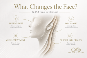 Medical face diagram showing volume loss, skin laxity, muscle movement and surface skin quality after weight loss
