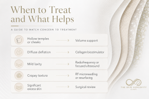 Treatment matching guide for GLP-1 facial hollowing, deflation, laxity, crepey skin and excess skin.