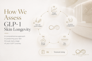 GLP-1 skin longevity assessment covering weight trajectory, facial fat, laxity, barrier health, hair, muscle and treatment timing.