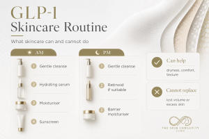 Morning and evening GLP-1 skincare routine with cleanser, hydrating serum, moisturiser, retinoid and sunscreen.