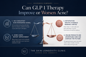 Evidence summary weighing whether GLP-1 therapy can improve or worsen acne, with limited retatrutide-specific research highlighted.