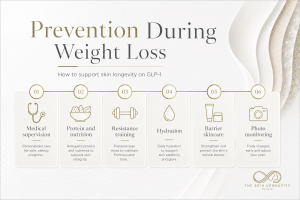 Six-part GLP-1 weight loss plan covering medical review, nutrition, resistance training, hydration, skincare and photographs.