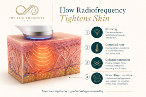Medical infographic showing radiofrequency energy heating the dermis to tighten collagen and stimulate new collagen production.