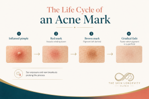 Infographic showing how to reduce the risk of new acne marks after breakouts, including early acne control, gentle skincare and sun protection.
