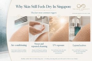 Infographic comparing outdoor humidity with indoor air-conditioning as contributors to dry-feeling skin in Singapore.