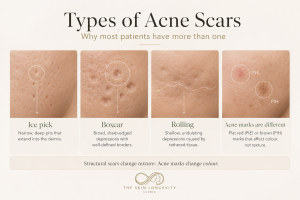Clinical comparison of ice pick, boxcar and rolling acne scars with flat red PIE and brown PIH acne marks.