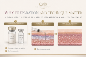 Infographic showing proper preparation and injection technique for Juvelook PDLLA skin boosters, including reconstitution, even dispersion and reduced risk of unevenness or nodules.