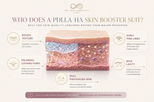 Suitability infographic showing the skin concerns best suited to Juvelook PDLLA-HA skin boosters, including rough texture, enlarged pores, early fine lines, mild laxity and dull photoaged skin.