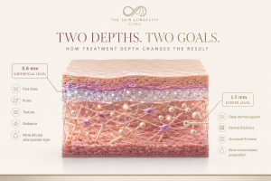 Cross-sectional skin illustration showing superficial and deeper treatment levels for Juvelook PDLLA skin booster, linked to concerns such as pores, texture, radiance and dermal support.
