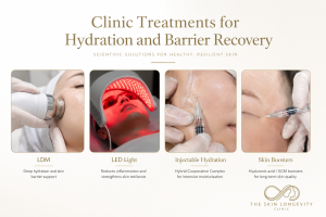 LDM ultrasound, red LED, injectable moisturiser and HA or ECM skin booster options after the skin barrier has stabilised.