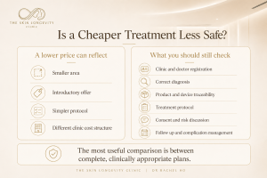 Comparison showing reasons an aesthetic treatment can cost less and the safety checks patients should still make in Singapore.