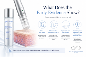 Microneedling and topical PDLLA evidence graphic showing a small device-assisted study of pores and skin texture.