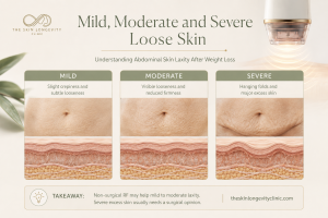 Medical comparison of mild, moderate and severe loose abdominal skin after weight loss.
