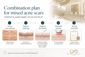 Five-step mixed acne scar plan covering assessment, subcision, ECM support, RF microneedling or laser, and medical review.