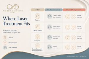Treatment map showing the roles of laser, skincare and photoprotection for melasma, Hori’s naevus, sun spots and PIH
