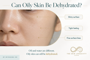 Hyperrealistic close-up of oily facial skin showing shine, tightness and fine dehydration lines