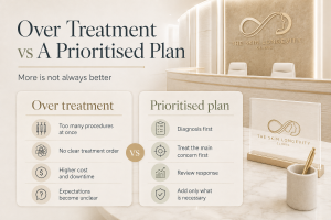 Comparison of aesthetic overtreatment with a prioritised plan based on diagnosis, the main concern, response review and only necessary additions.