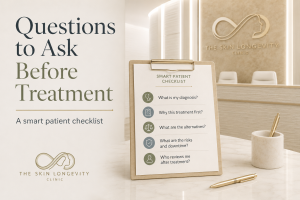 Patient checklist of questions to ask before aesthetic treatment about diagnosis, treatment priority, alternatives, risks, downtime and follow-up.
