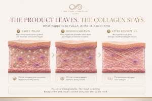 Medical infographic showing what happens to PDLLA particles in the skin over time, including early stimulation, biodegradation and longer-lasting collagen support after Juvelook treatment.