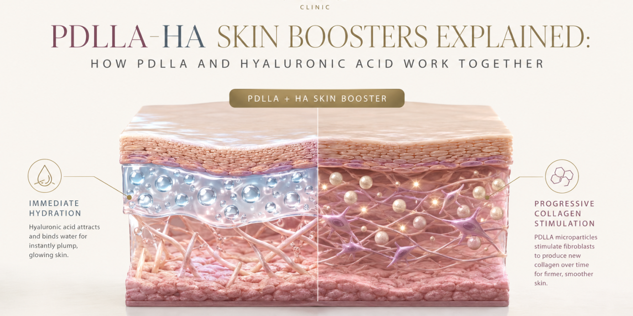 Cross-sectional medical illustration explaining how PDLLA-HA skin boosters such as Juvelook work in the skin, combining hyaluronic acid hydration with collagen stimulation in Singapore aesthetic treatment.