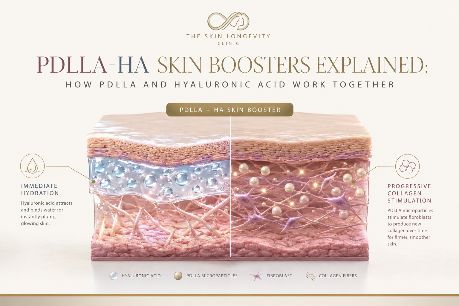 Cross-sectional medical illustration explaining how PDLLA-HA skin boosters such as Juvelook work in the skin, combining hyaluronic acid hydration with collagen stimulation in Singapore aesthetic treatment.