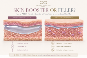 Comparison illustration showing the difference between a conventional hyaluronic acid filler and a PDLLA-HA skin booster such as Juvelook, highlighting hydration, biostimulation and skin quality benefits.