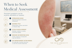 Medical warning signs for reactive skin, including a spreading rash, severe itch, eyelid involvement, weeping and no improvement.