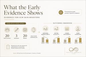 Summary of a 2026 split-face ECM skin booster trial with 20 participants, three sessions and skin outcomes assessed over 20 weeks.