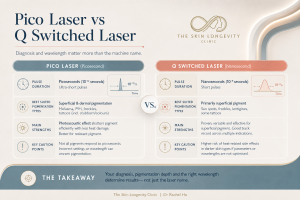Picosecond and Q switched pigment laser comparison showing pulse duration, strengths, cautions and clinical selection