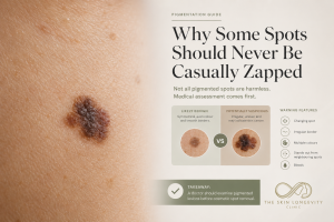 Pigmented lesion warning signs before cosmetic laser, including change, irregular borders, multiple colours, bleeding and an outlier appearance.