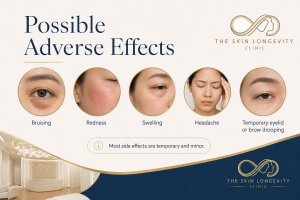 Graphic showing possible wrinkle-treatment adverse effects including bruising, redness, swelling, headache and temporary eyelid or brow drooping.