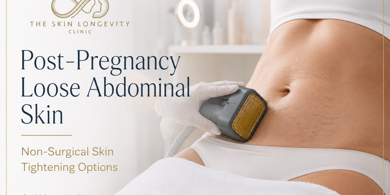 Post-pregnancy loose abdominal skin being treated with a non-invasive radiofrequency handpiece in a Singapore clinic.