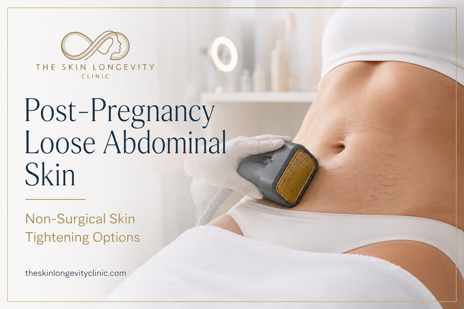 Post-pregnancy loose abdominal skin being treated with a non-invasive radiofrequency handpiece in a Singapore clinic.