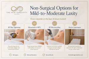 Comparison of radiofrequency skin tightening, ultrasound, RF microneedling and doctor assessment for postpartum abdominal laxity.
