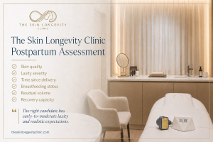 Treatment room at The Skin Longevity Clinic with an assessment checklist for postpartum abdominal skin laxity.