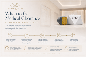 Postpartum recovery timeline showing medical-clearance considerations before nonsurgical abdominal body treatments.