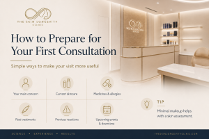 Checklist for preparing for a first aesthetic consultation with skincare, medicines, allergies, previous treatments and upcoming events.