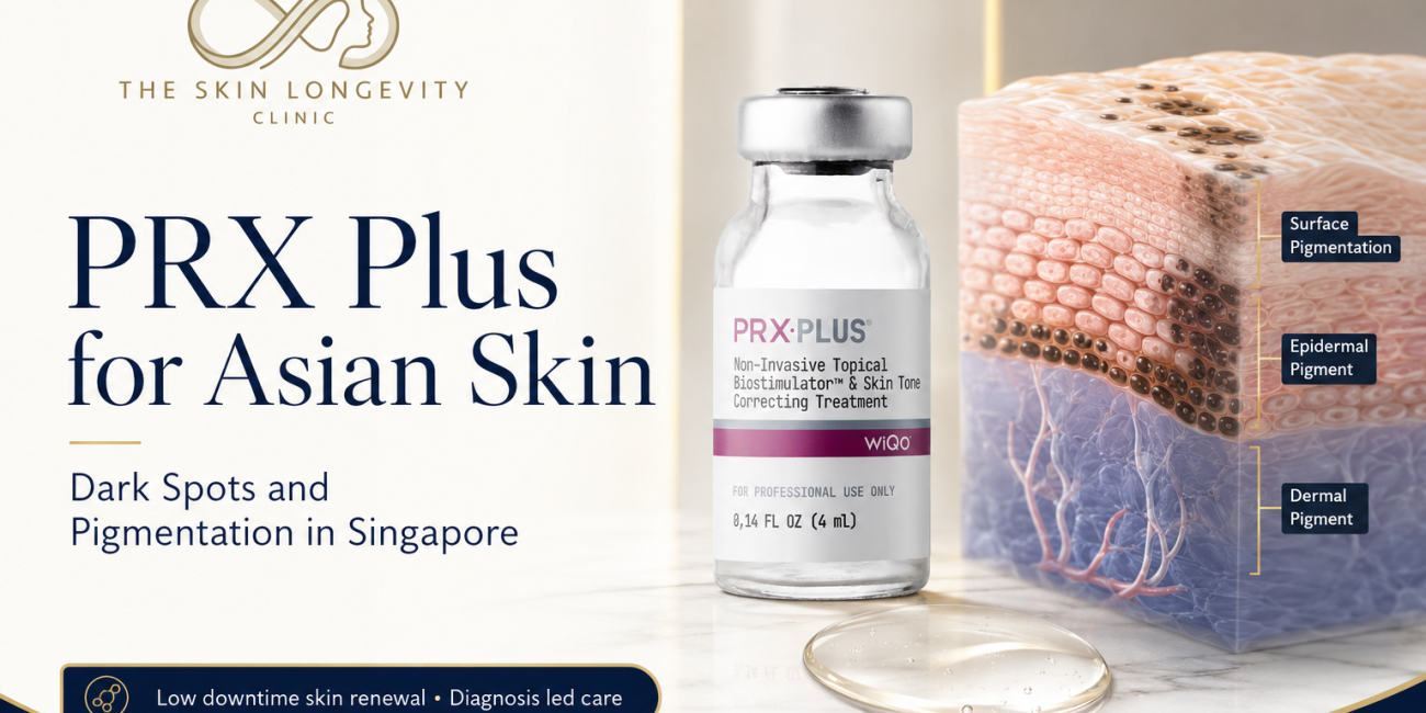 PRX Plus treatment vial beside a medical skin illustration showing superficial, epidermal and dermal pigmentation in Asian skin.